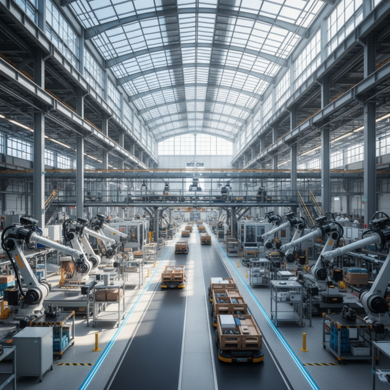Wide view of an organized factory floor showing scale for maintenance cost reduction strategies in a modern facility.