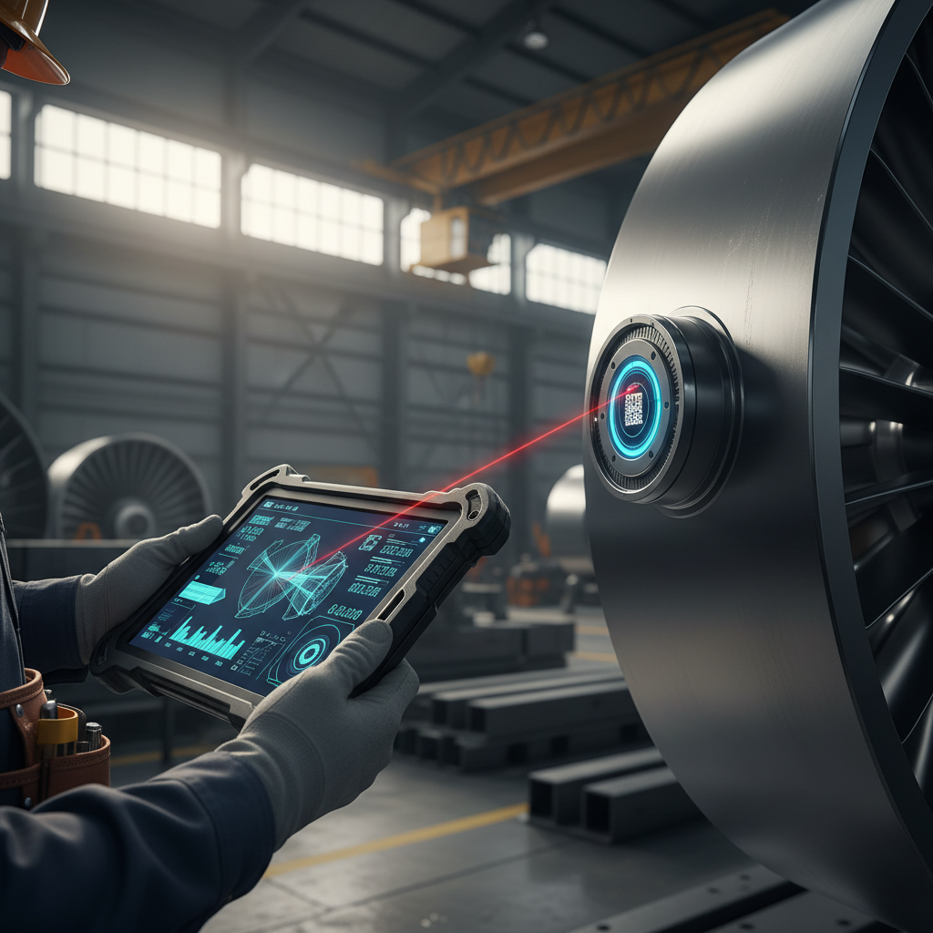 Close up of a technician tracking a turbine for manufacturing asset visibility using a digital tablet in a factory.