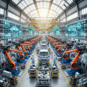 Wide view of a modern factory floor with robots showcasing manufacturing asset visibility and entire industrial scale.