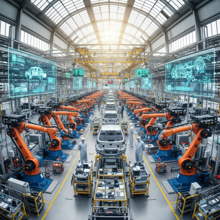 Wide view of a modern factory floor with robots showcasing manufacturing asset visibility and entire industrial scale.