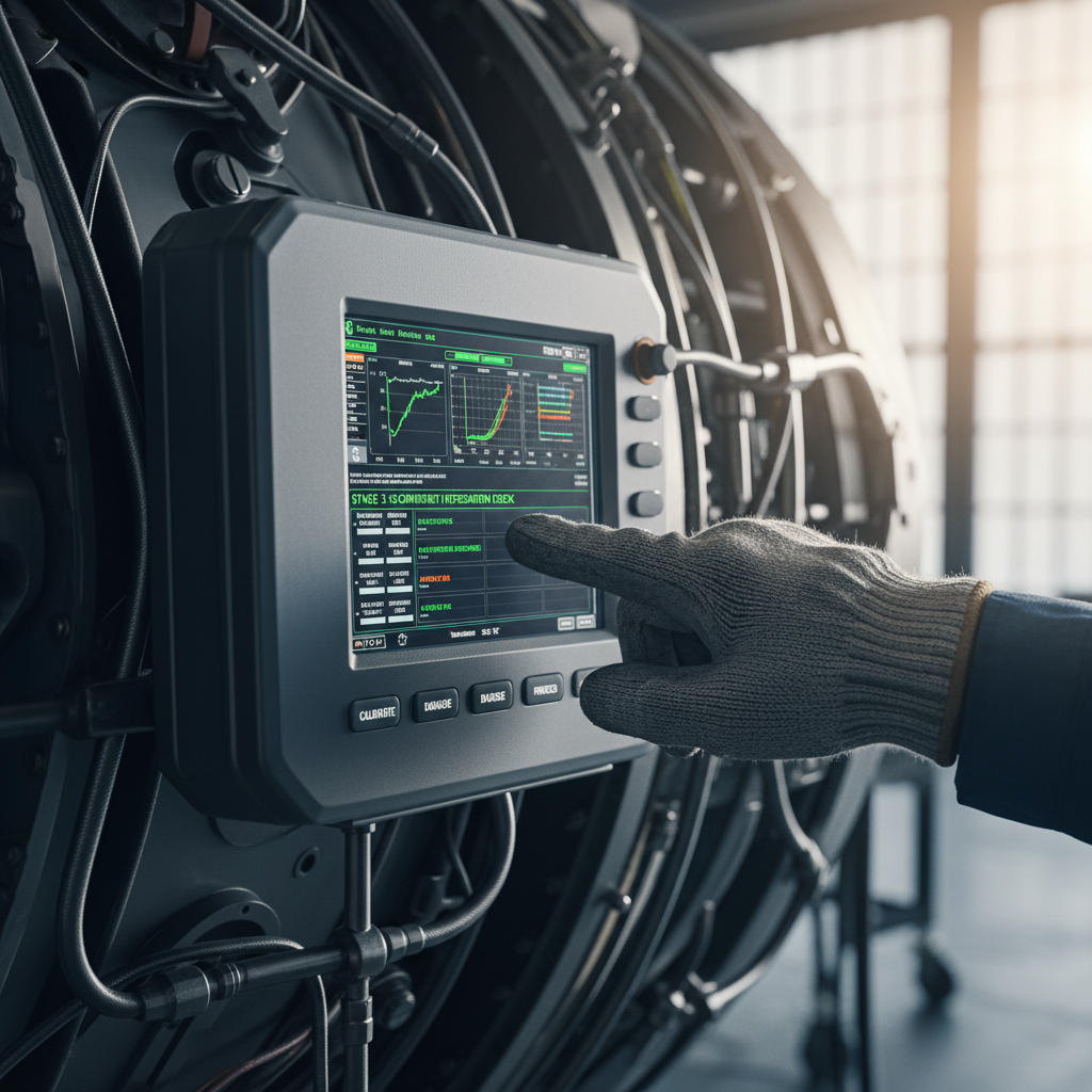 Close up of a technician using manufacturing execution systems for aerospace on a digital terminal near a turbine engine.