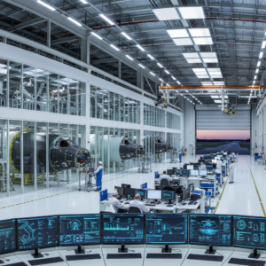Wide view of an aircraft factory floor showing manufacturing execution systems for aerospace managing large scale production.