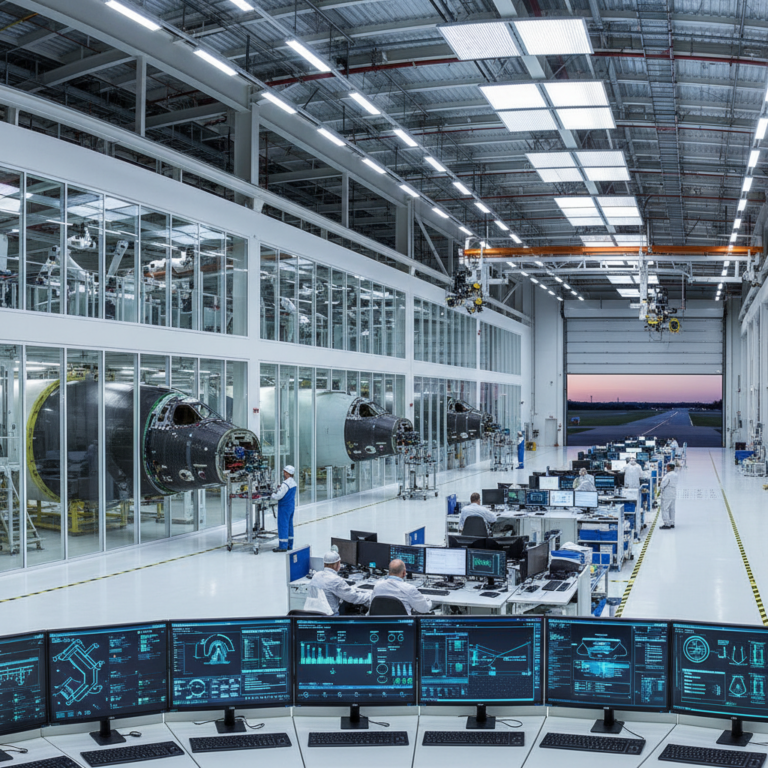Wide view of an aircraft factory floor showing manufacturing execution systems for aerospace managing large scale production.