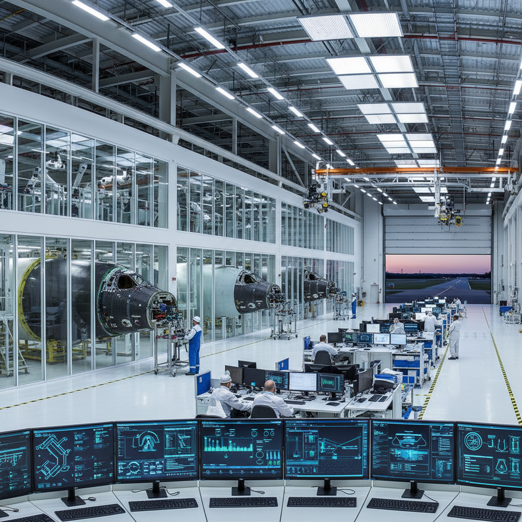 Wide view of an aircraft factory floor showing manufacturing execution systems for aerospace managing large scale production.