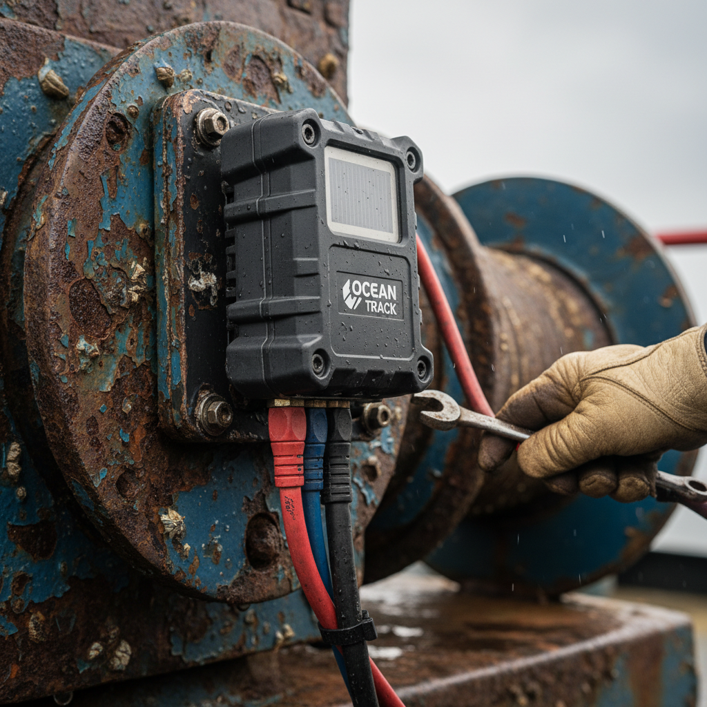 A close up of a sensor used for marine equipment tracking installed on a vessel with a technician performing maintenance.
