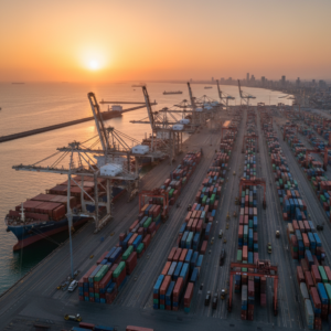 Panoramic view of a commercial shipping port illustrating the broad scale of marine equipment tracking operations at sunset.