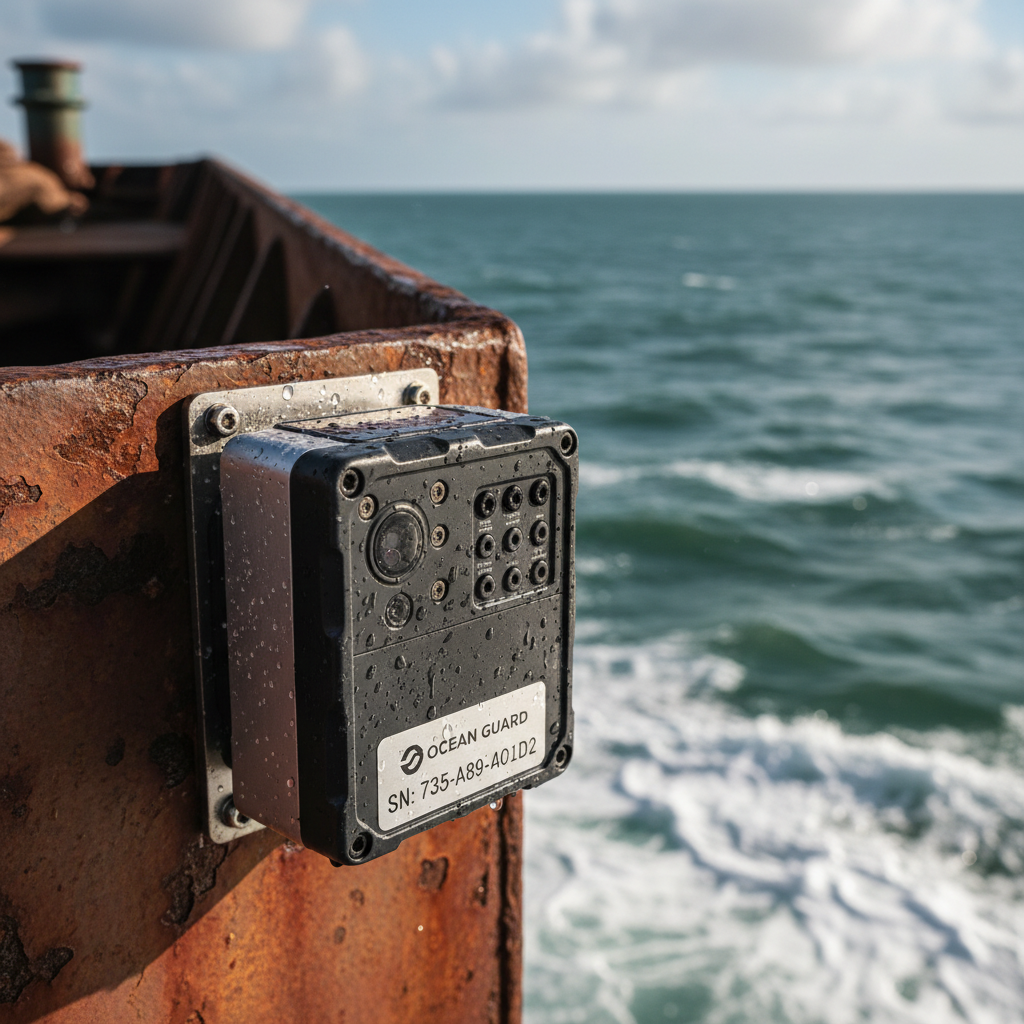 Close up of a rugged GPS satellite transponder used for maritime asset tracking on a cargo ship deck.