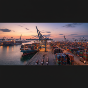 Wide view of a busy cargo port with ships and cranes illustrating large scale maritime asset tracking systems.
