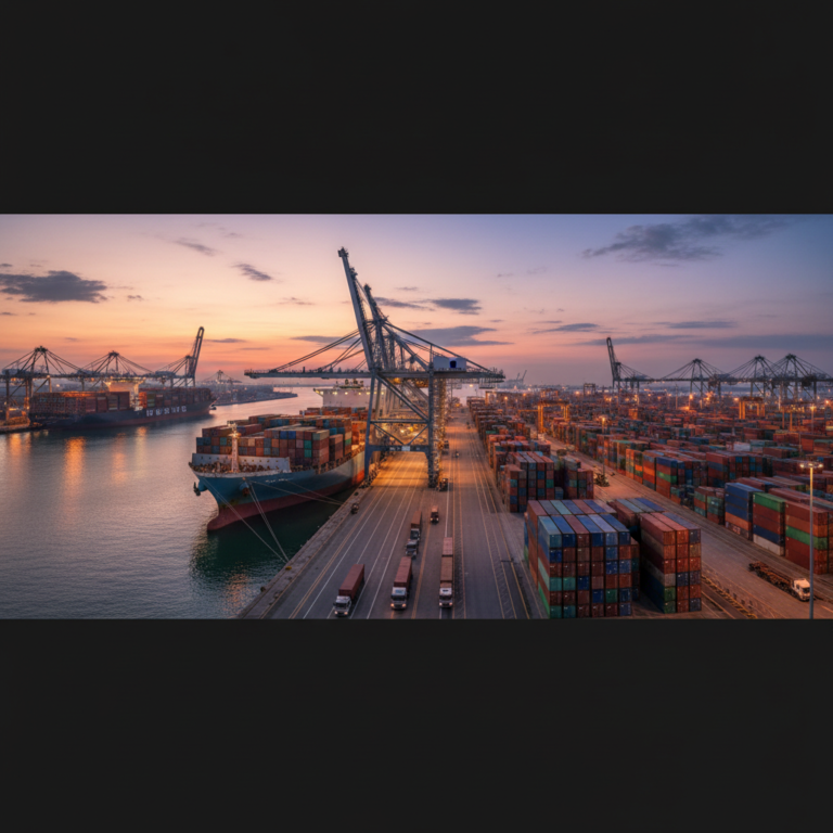 Wide view of a busy cargo port with ships and cranes illustrating large scale maritime asset tracking systems.
