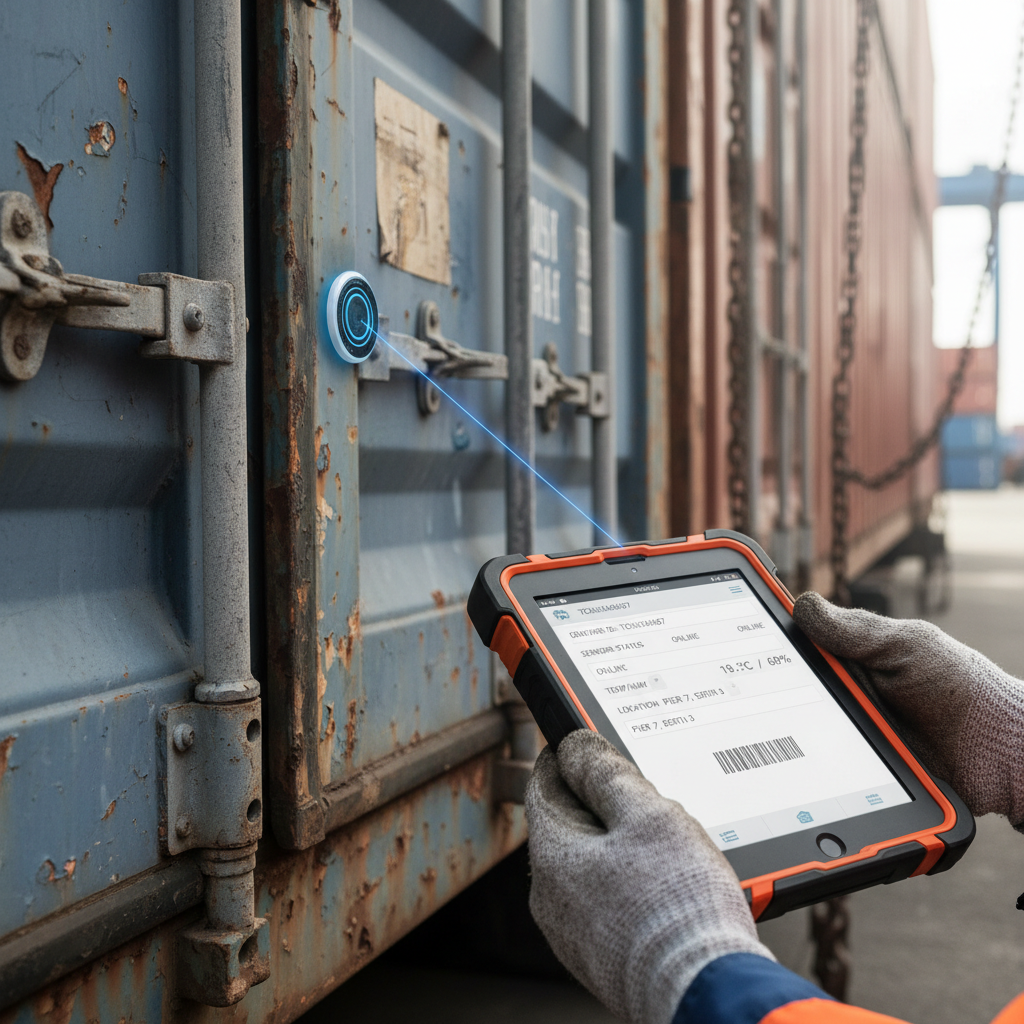Close up of a technician using a digital tablet to manage maritime logistics technology on a cargo shipping container.