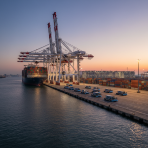 Wide panoramic view of a busy automated shipping port demonstrating modern maritime logistics technology at sunset.