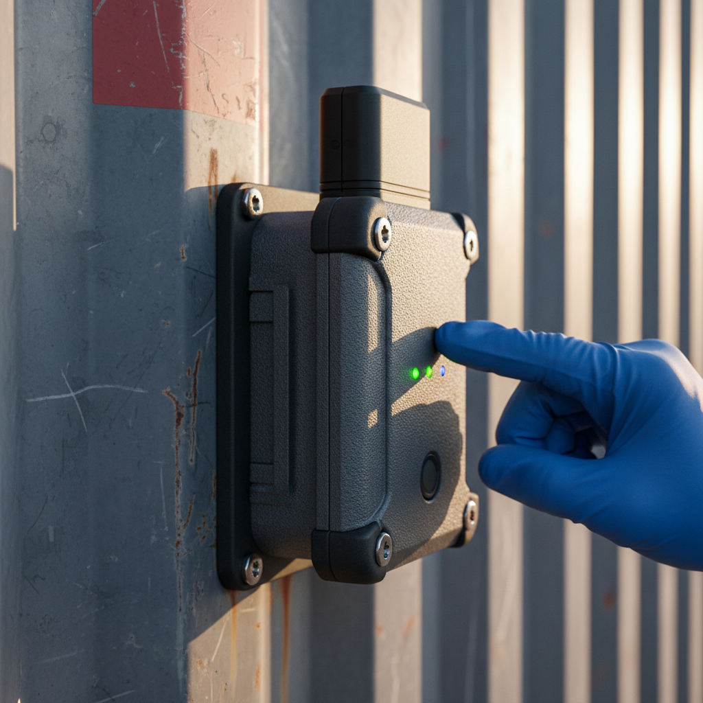 Close up of an industrial sensor mounted on a container for nb-iot asset tracking in a logistics environment.