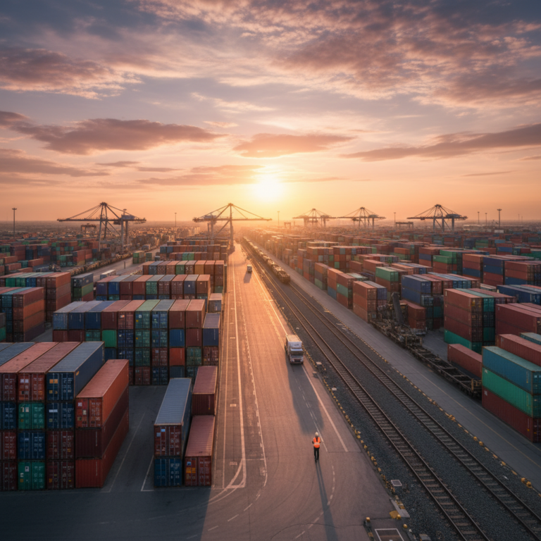 Panoramic view of a large shipping container port illustrating the scale of global nb-iot asset tracking infrastructure.