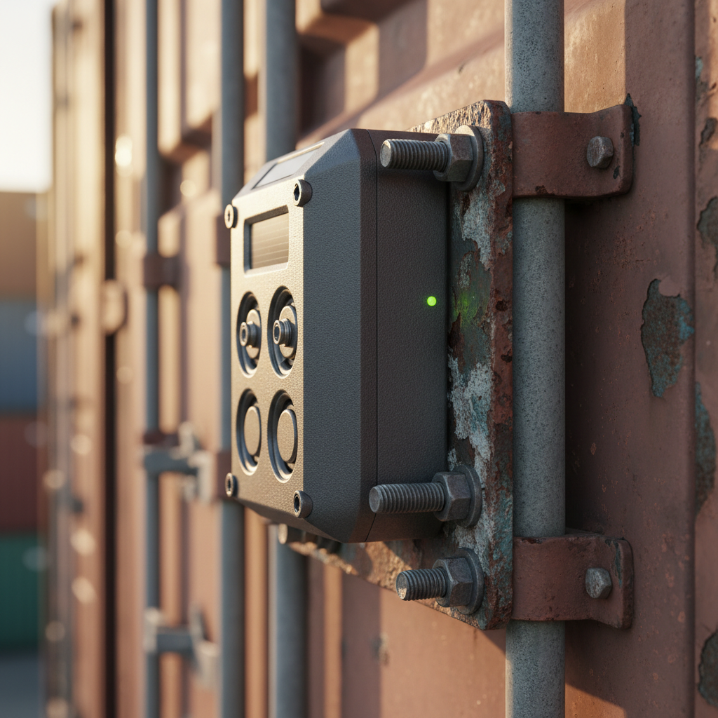 A close up of a tracking device on a shipping container lock ensuring real time ocean freight visibility for cargo.