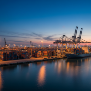 A wide industrial panorama of a busy shipping port illustrating global ocean freight visibility at a massive scale.