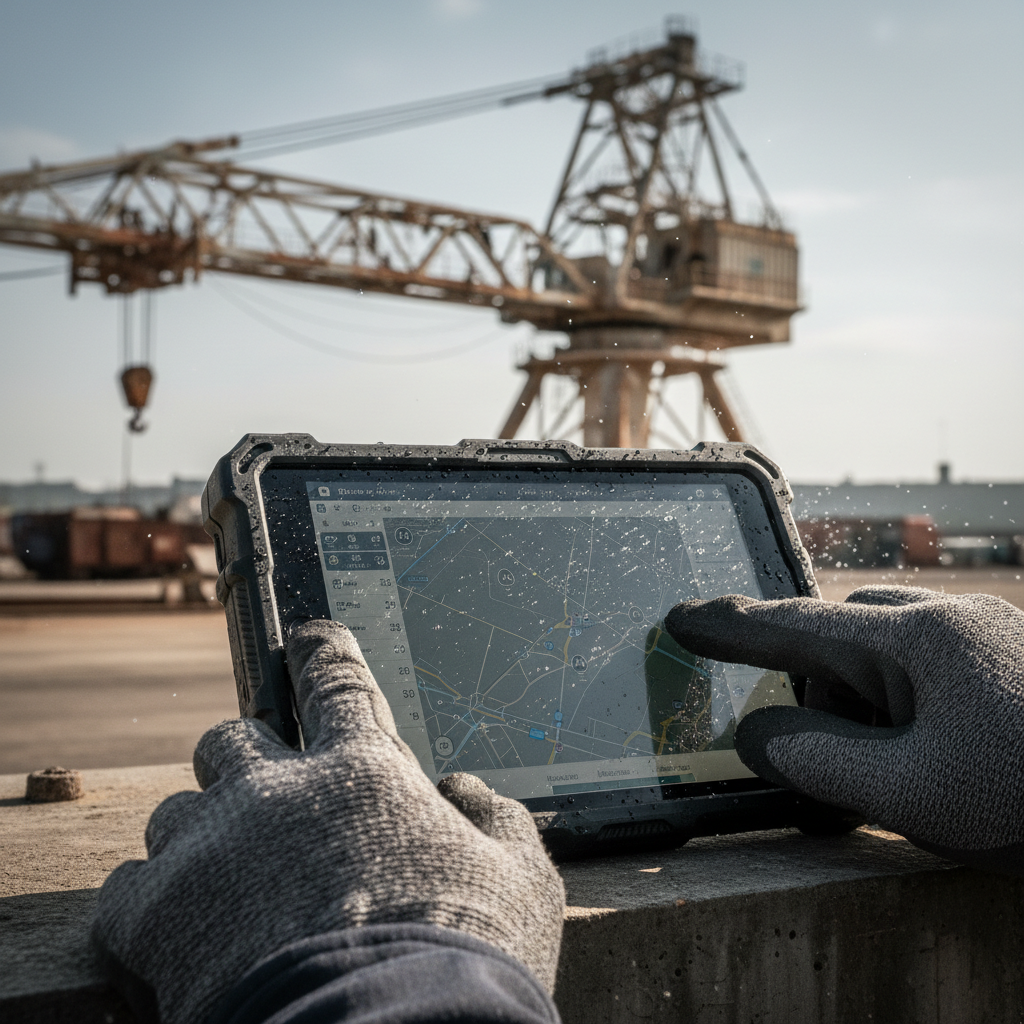 Close up of a technician using a digital device for offshore asset tracking of industrial equipment on a sea vessel.