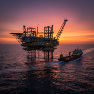 Wide view of a large ocean oil platform and supply ship illustrating the scale of global offshore asset tracking systems.