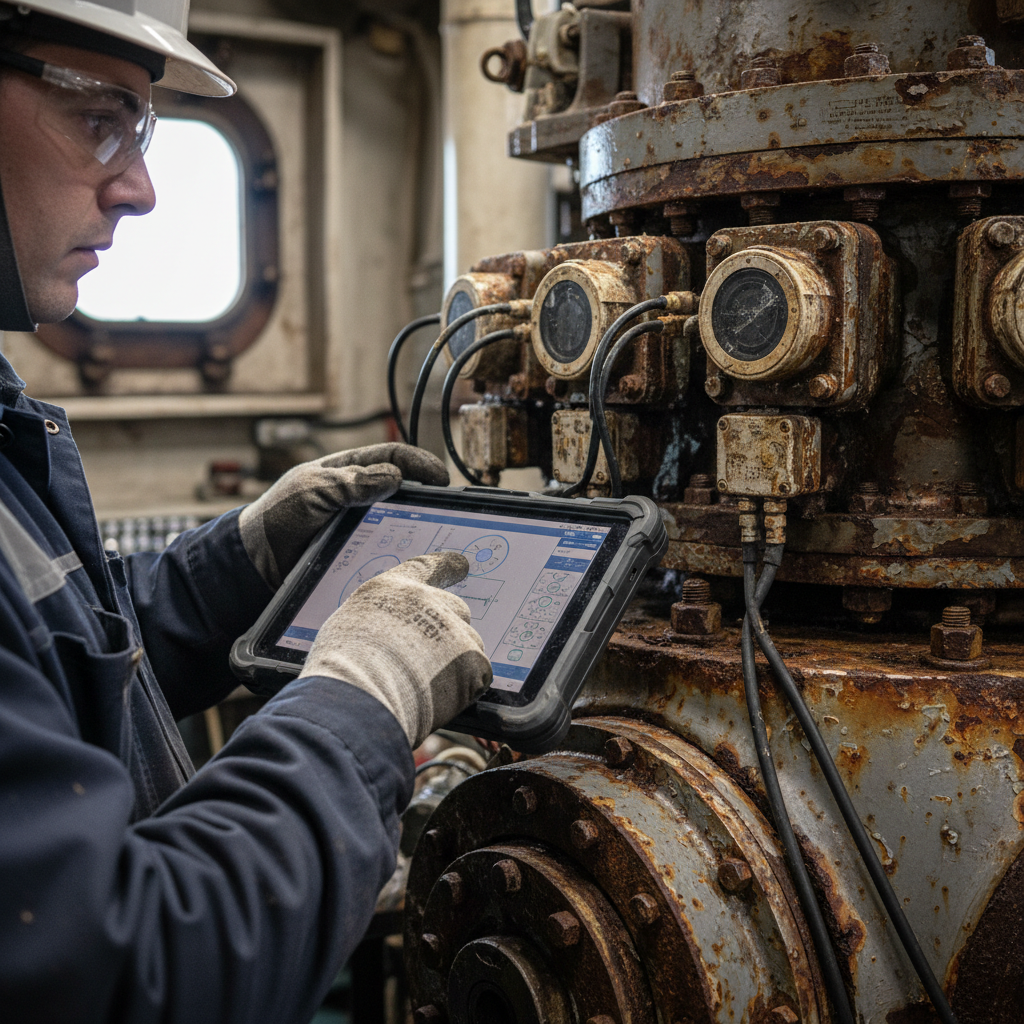 A close up of a technician checking sensors for offshore energy asset monitoring on a steel structure at sea.