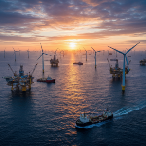 A wide sunset view of wind turbines and platforms illustrating large scale offshore energy asset monitoring systems.