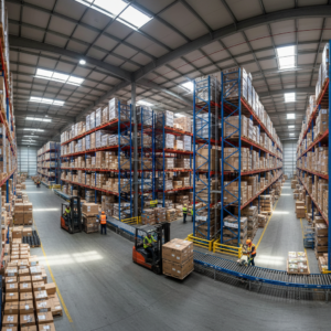 Wide view of a busy warehouse showing logistics scale for passive vs active asset tracking in an industrial setting.