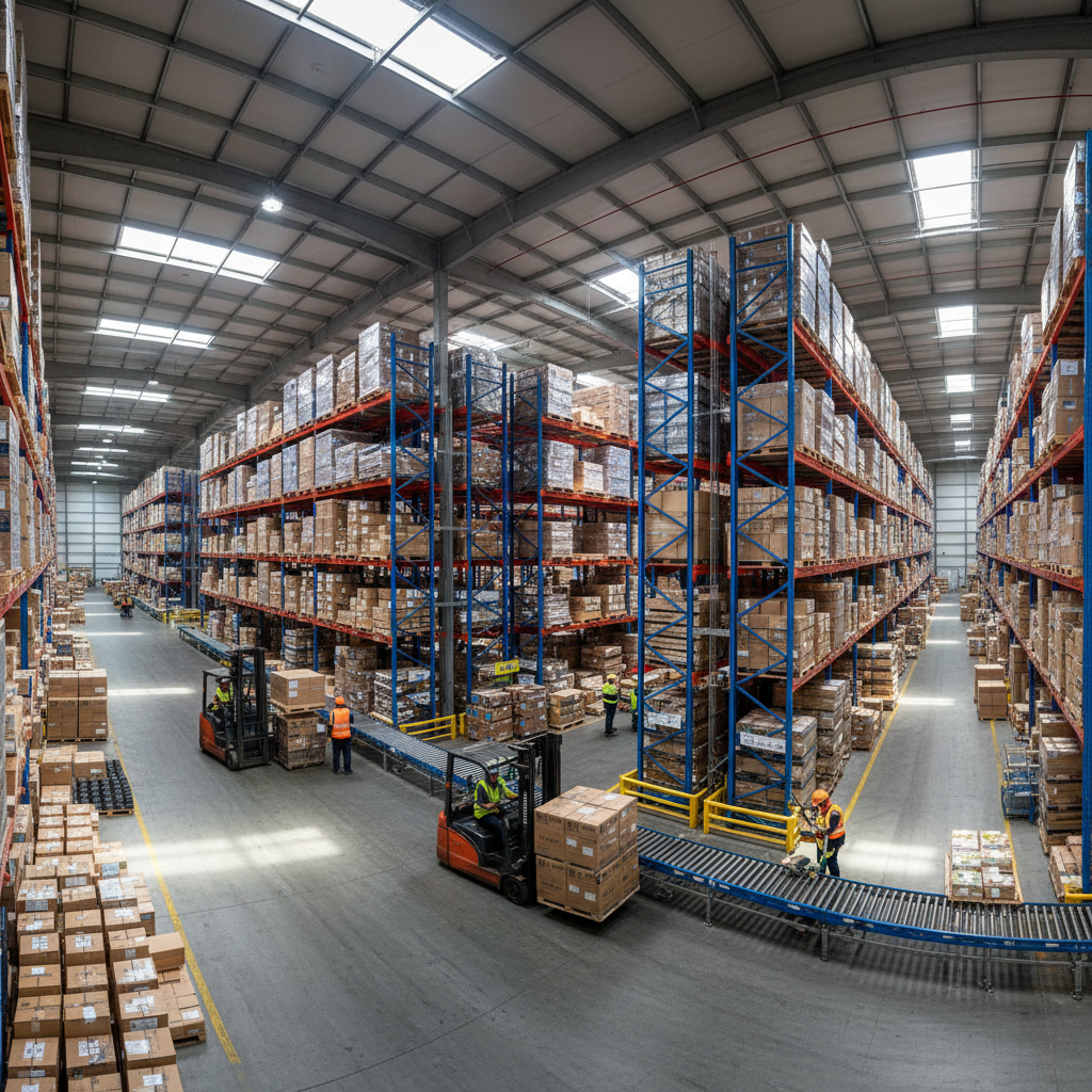 Wide view of a busy warehouse showing logistics scale for passive vs active asset tracking in an industrial setting.