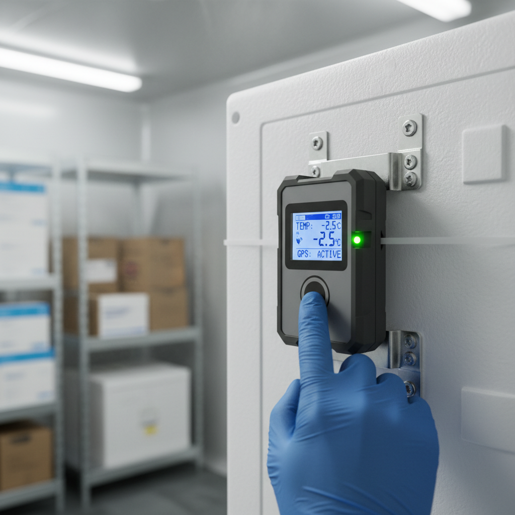 Close up of a smart sensor used for pharmaceutical air cargo tracking attached to a temperature controlled medical shipment.