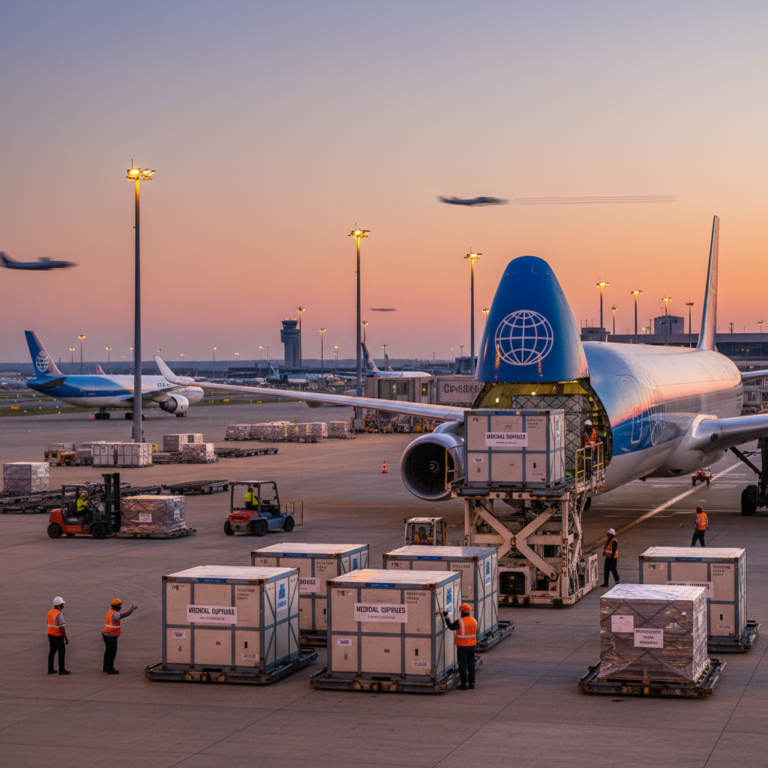 Airport tarmac view showing pharmaceutical air cargo tracking logistics as specialized containers are loaded onto a plane.