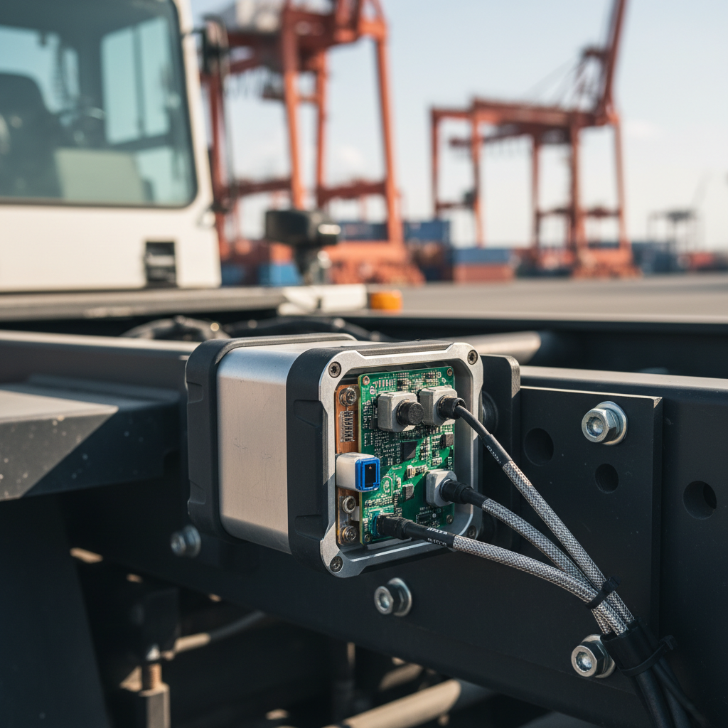 Close up of a digital sensor on industrial machinery as part of a port equipment tracking system for local operations.