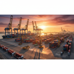 Wide panoramic view of a busy shipping terminal illustrating the scale of port equipment tracking in global logistics.