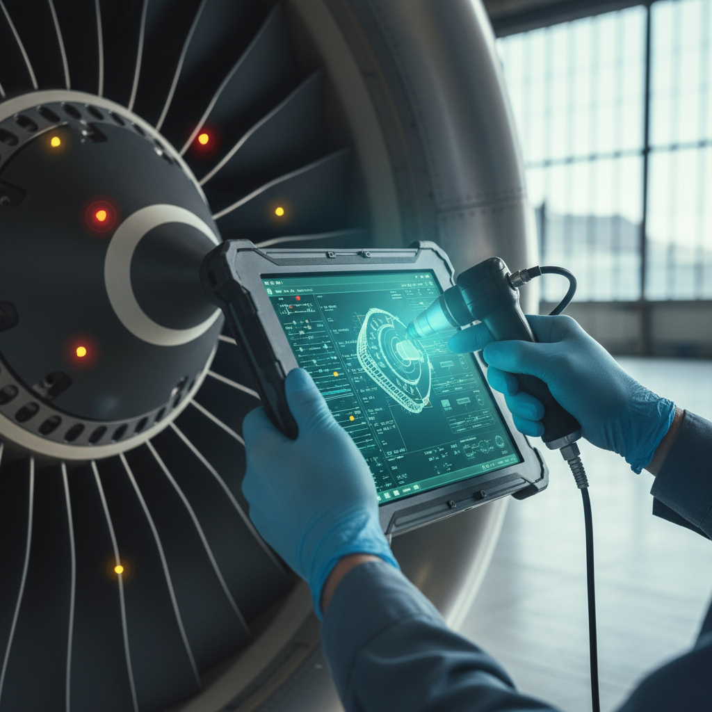 Close up of a technician using a digital tablet for predictive maintenance in aerospace on a turbine engine.
