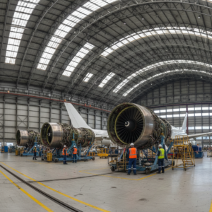 Wide view of a large hangar showing technicians managing predictive maintenance in aerospace on several jet engines.