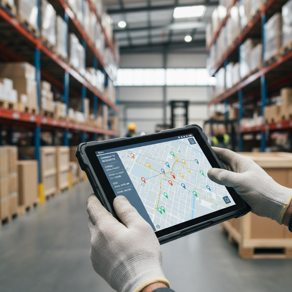 A technician uses a tablet for real-time shipment visibility while standing in a busy distribution warehouse.