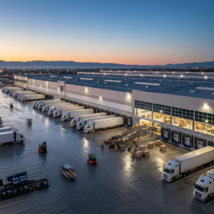 Wide view of a busy shipping terminal at night showing real-time shipment visibility across the entire logistics chain.