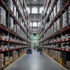 Wide view of a large warehouse with staff implementing technology for reducing manual asset audits in a modern facility.