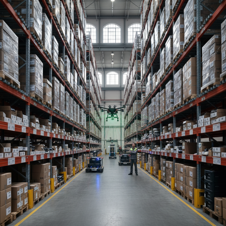 Wide view of a large warehouse with staff implementing technology for reducing manual asset audits in a modern facility.