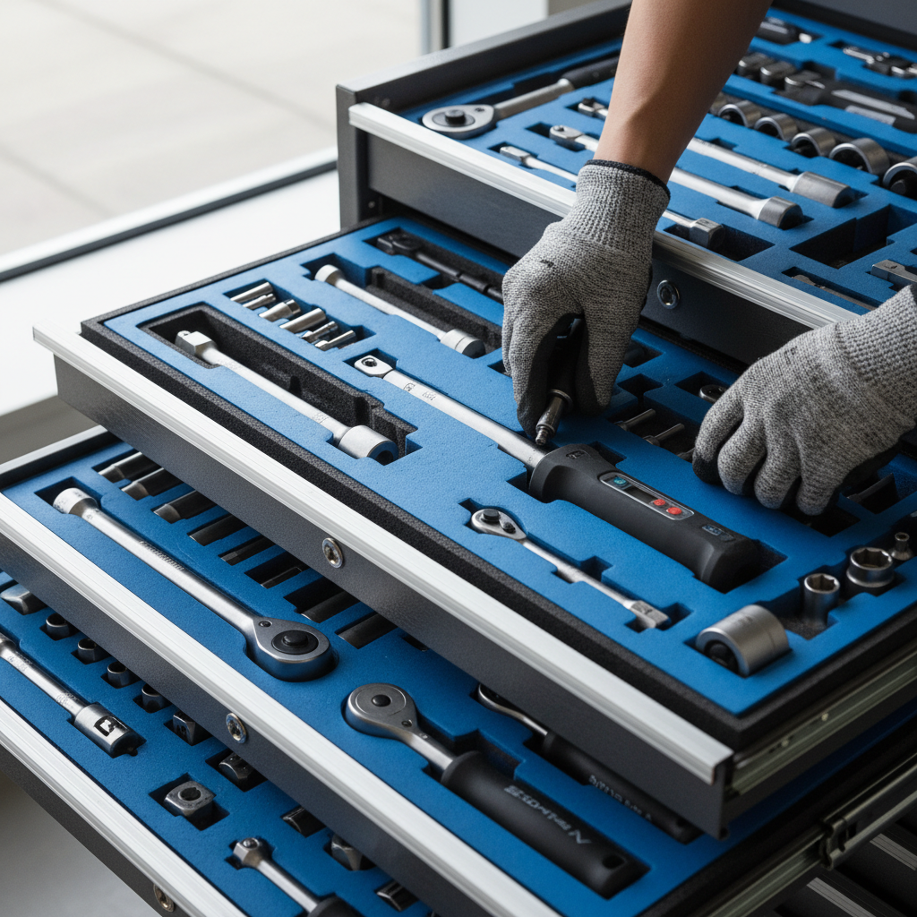 Close up of a technician organizing a foam tool tray as a method for reducing tool loss in aviation maintenance tasks.