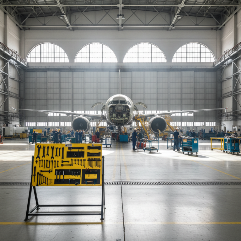 Wide view of a clean airplane hangar showing organized stations for reducing tool loss in aviation maintenance processes.