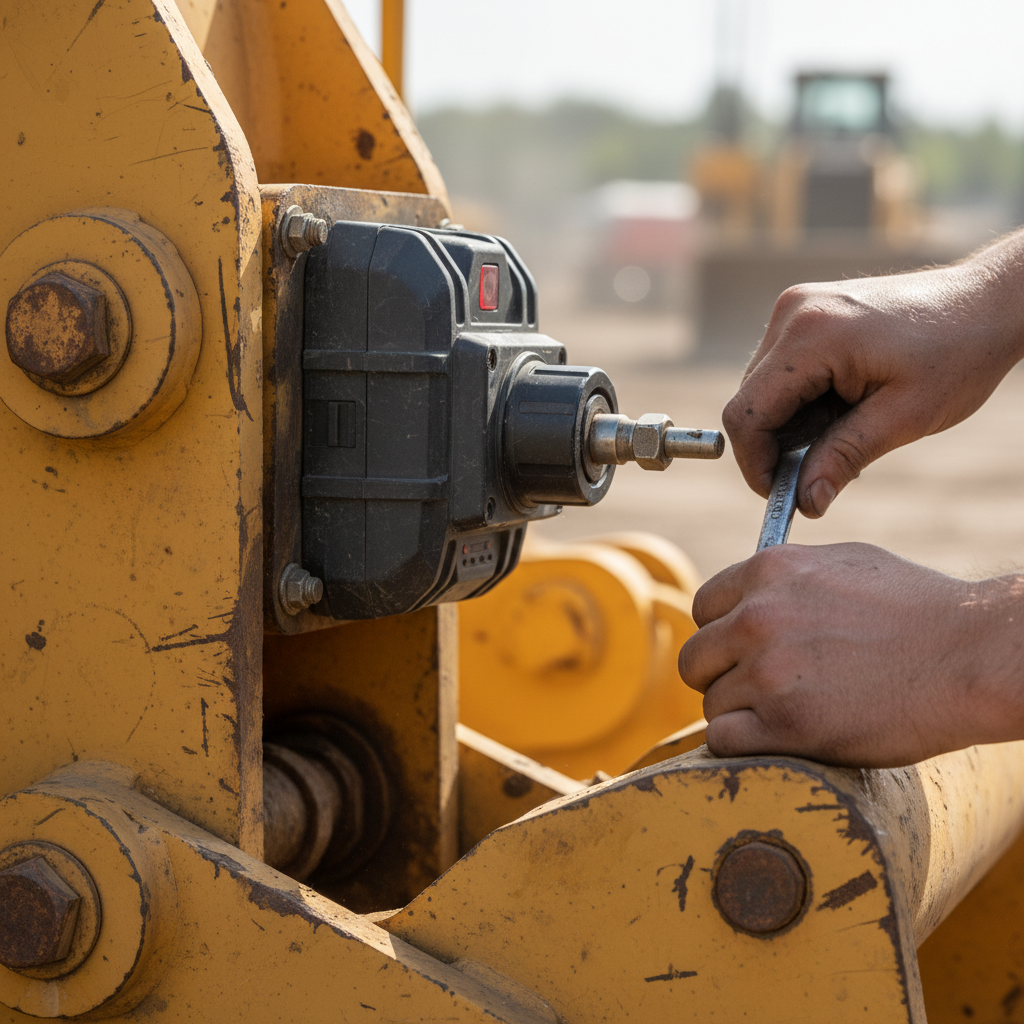 Close up of a technician checking a GPS sensor on a bulldozer as part of a rental equipment tracking system.