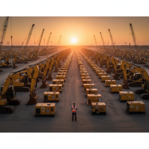 Wide shot of a large industrial lot showing rows of machinery using rental equipment tracking for inventory management.