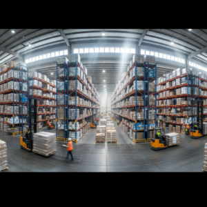 Wide view of a warehouse where rfid vs gps asset tracking systems manage large scale industrial inventory and logistics.
