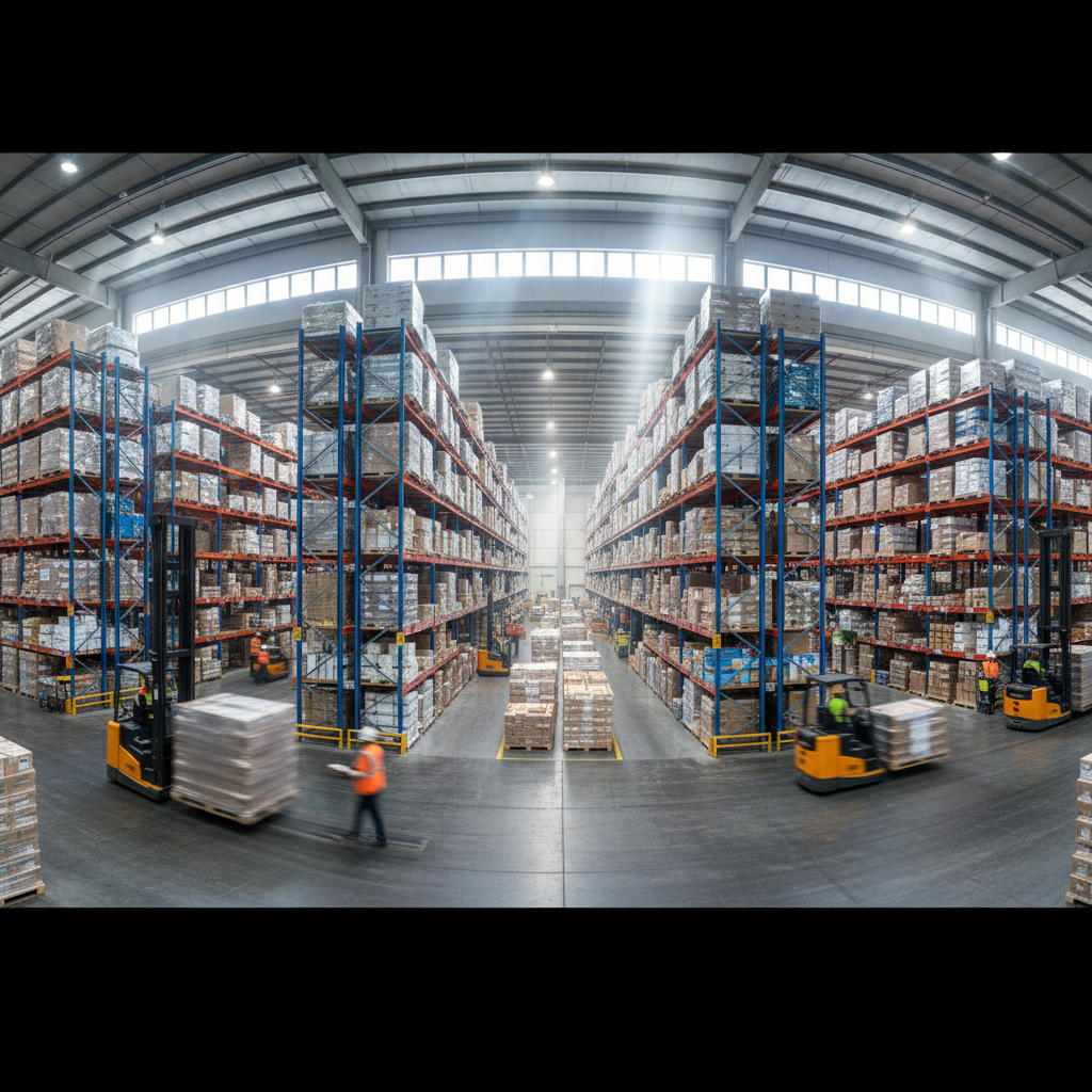 Wide view of a warehouse where rfid vs gps asset tracking systems manage large scale industrial inventory and logistics.