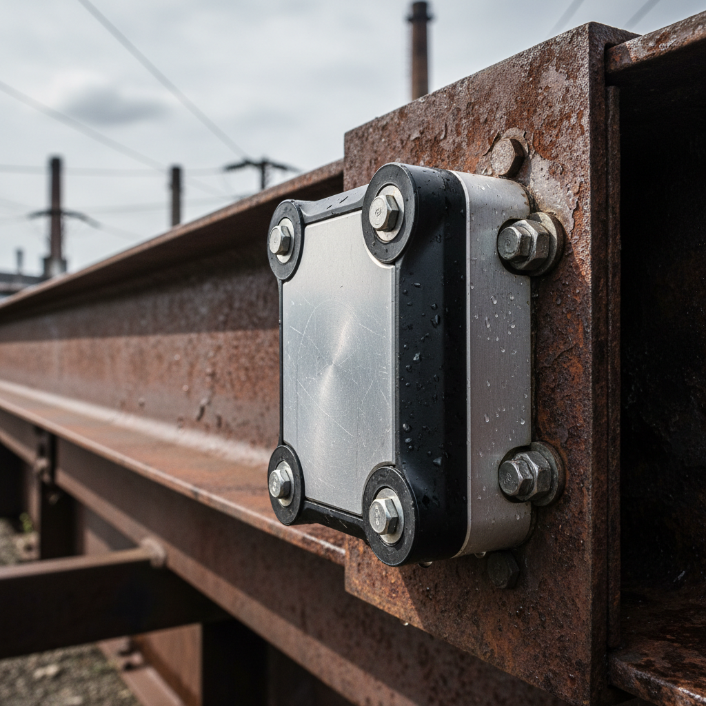 Macro shot of a rugged GPS device mounted on metal equipment for precise satellite asset tracking in the field.
