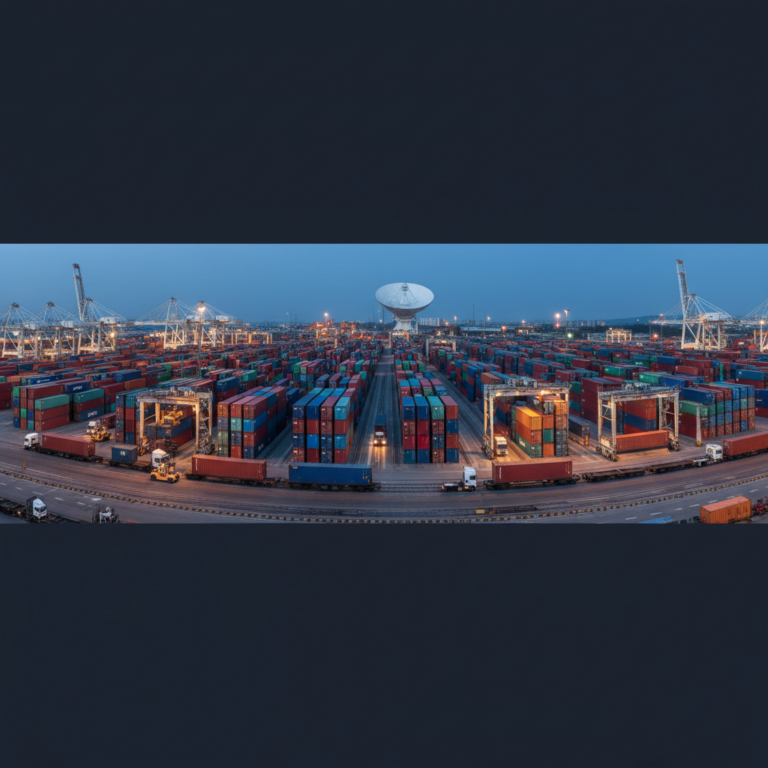 Wide view of a shipping terminal and satellite antenna illustrating large scale satellite asset tracking infrastructure.