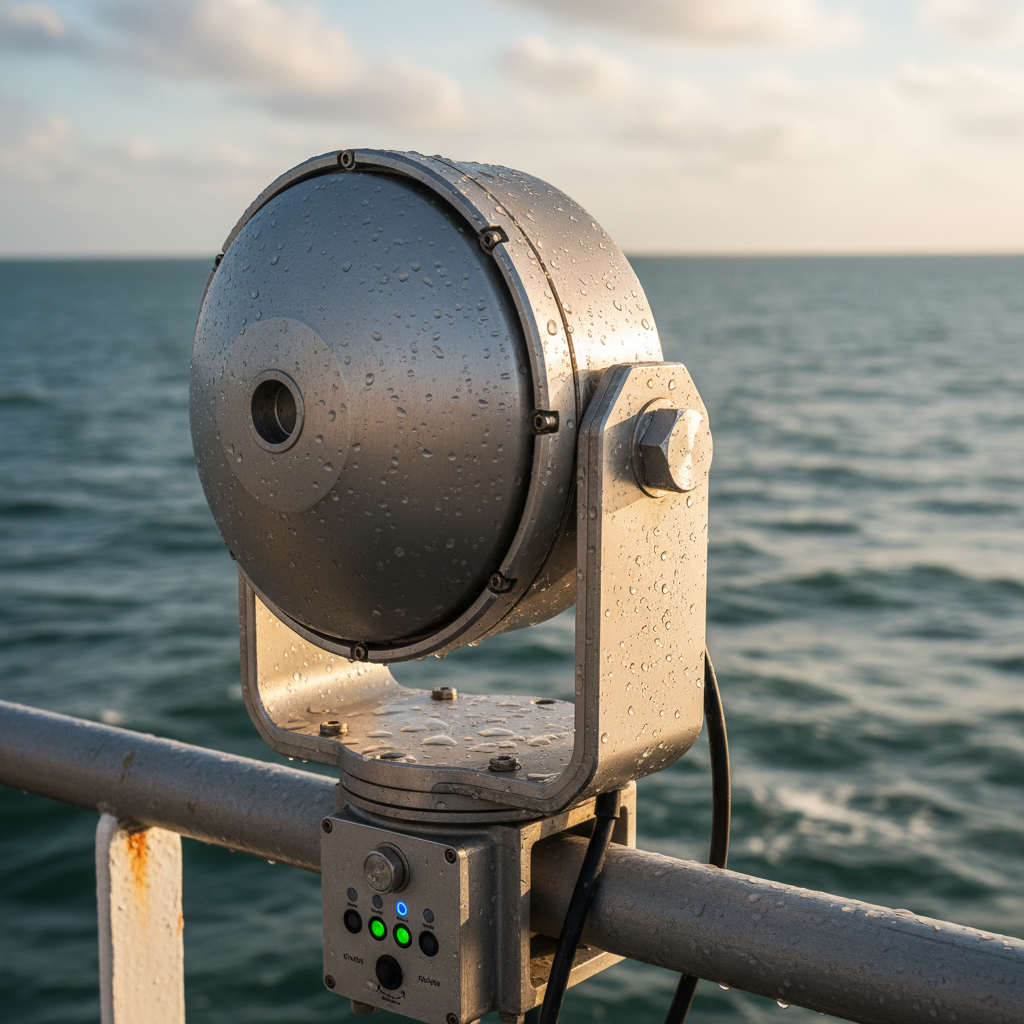 Close up of a maritime communication antenna providing satellite tracking for vessels with ocean waves in the background.