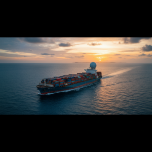 Wide shot of a cargo ship at sea using satellite tracking for vessels under a sunset sky with natural lighting.