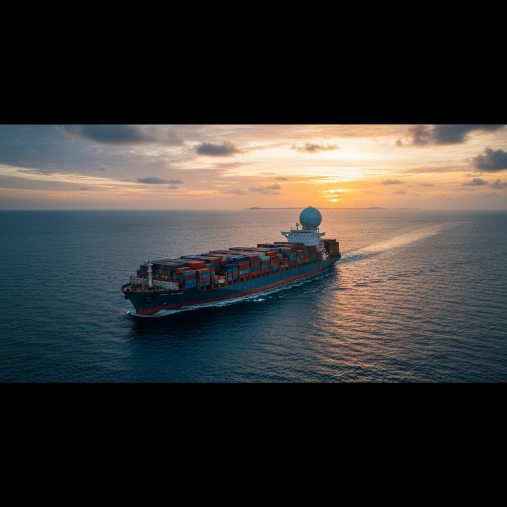 Wide shot of a cargo ship at sea using satellite tracking for vessels under a sunset sky with natural lighting.