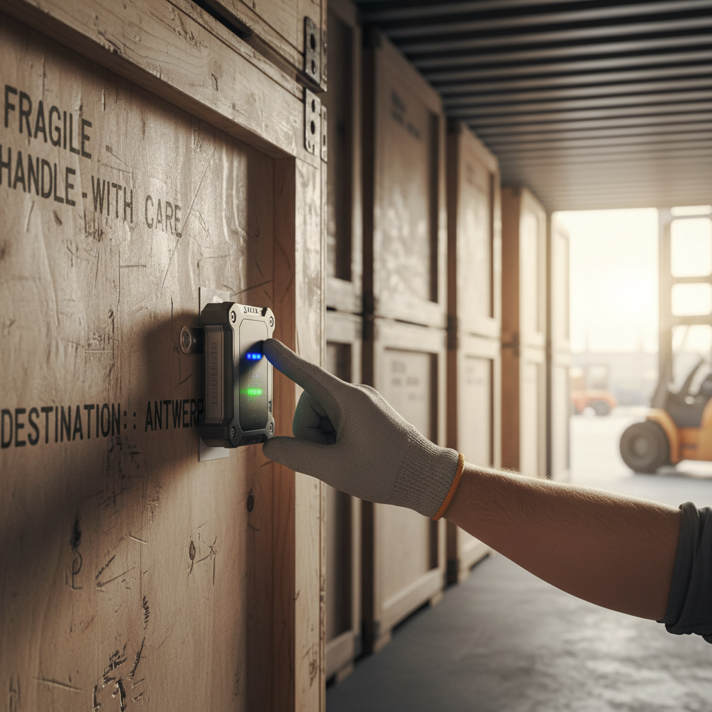 Macro shot of a technician installing a tracking device for shipment condition monitoring on a wooden cargo crate.