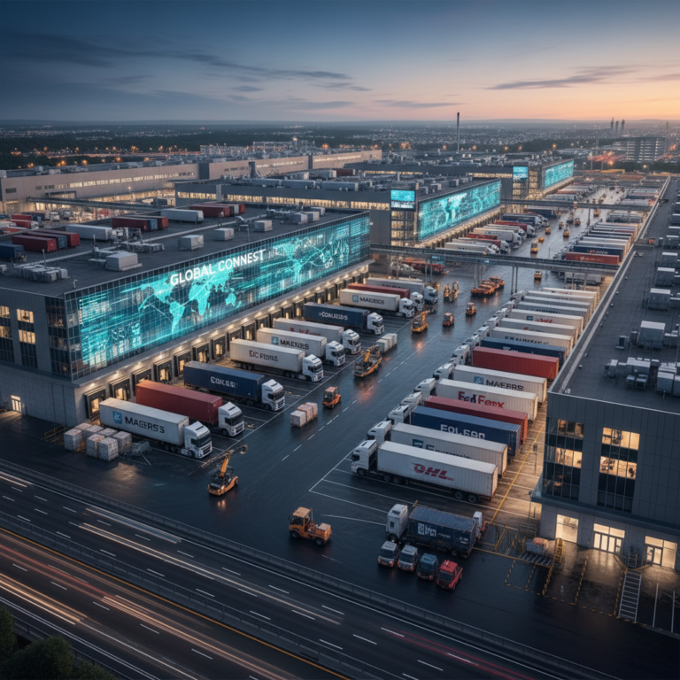 Wide angle view of a busy distribution center at dusk showing global shipment condition monitoring operations at scale.