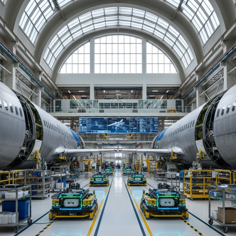 Wide view of a smart factory aerospace facility with aircraft parts and robots under natural light in a professional setting.