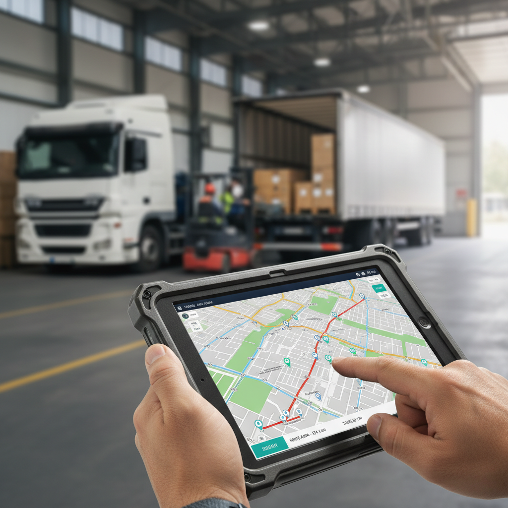 A close up of a tablet showing tracking data for supply chain visibility for shipping in a maritime logistics setting.